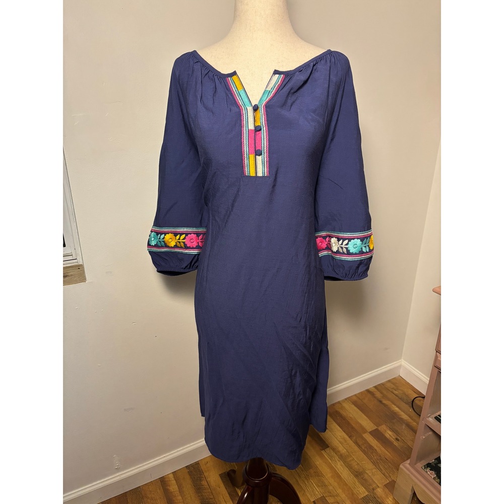 The Pioneer Woman Embroidered Boho Peasant Dress XL Navy Floral Folk Cottagecore
